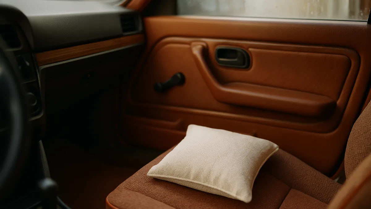 absorbeur humidité voiture — coussin absorbeur d'humidité en tissu posé sur le tapis de sol côté passager d'une voiture, pare-brise embué vu de l'intérieur