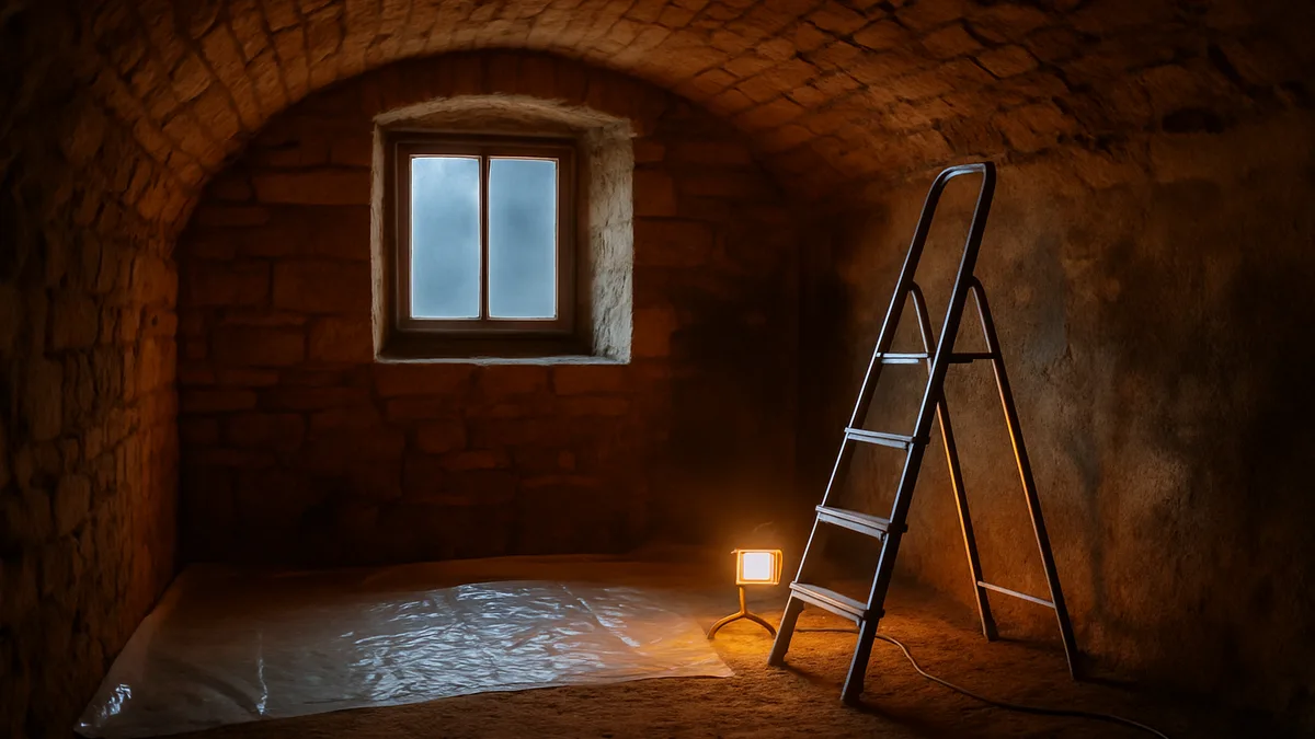 assainir une cave humide — une cave voûtée en pierre en cours d'assainissement, sol en terre battue partiellement couvert d'un film clair, échelle et lampe de chantier chaude