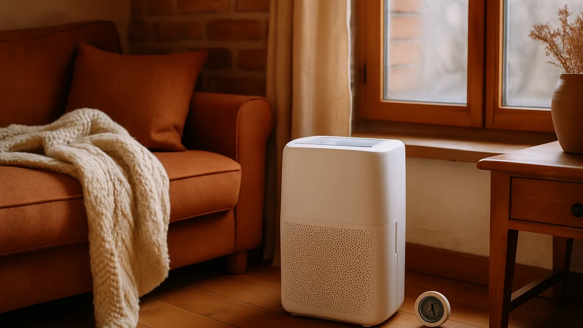 déshumidificateur avis — un déshumidificateur compact posé dans un intérieur chaleureux, hygromètre visible, ambiance sereine