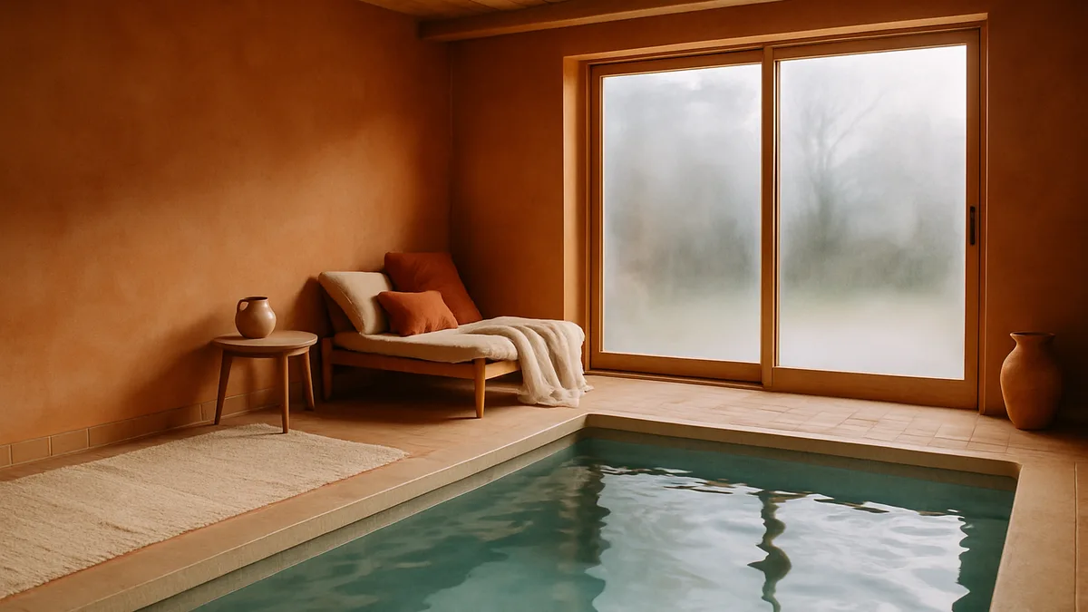 déshumidificateur piscine — une piscine intérieure privée élégante, très légère buée gris-bleu sur les baies vitrées, ambiance chaleureuse bois clair et tons terracotta