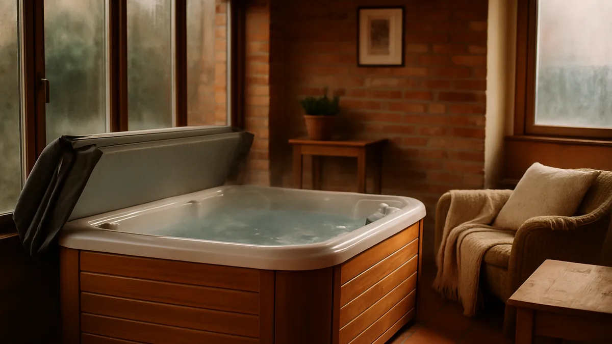 déshumidificateur spa — un spa intérieur dans une véranda chaleureuse, couvercle à moitié ouvert, légère vapeur et buée discrète sur les vitres, tons chauds boisés