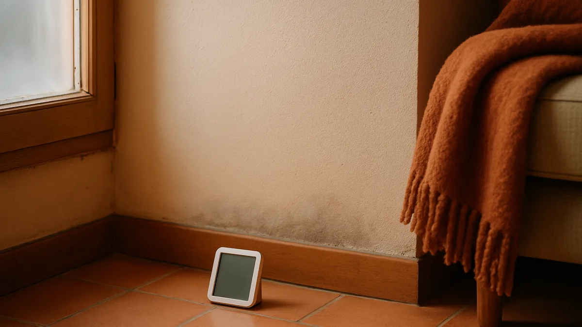 humidité des murs — un mur intérieur clair présentant une légère auréole d'humidité en bas, un hygromètre digital posé au sol, ambiance diagnostic honnête, lumière naturelle douce, tons terracotta