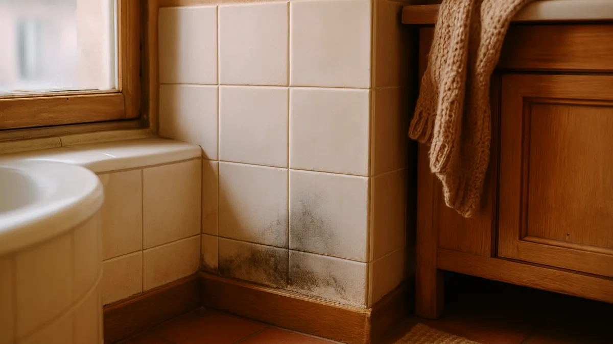infiltration eau mur salle de bain — un mur de salle de bain carrelé clair avec une discrète trace d'humidité près du sol le long d'un joint silicone, ambiance propre et lumineuse, tons chauds boisés