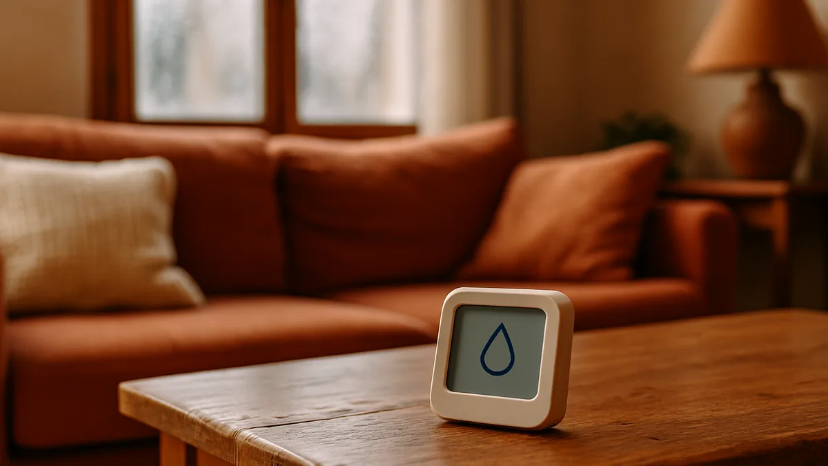 taux humidité maison — hygromètre posé sur une table en bois dans un salon lumineux, condensation légère sur la fenêtre en arrière-plan