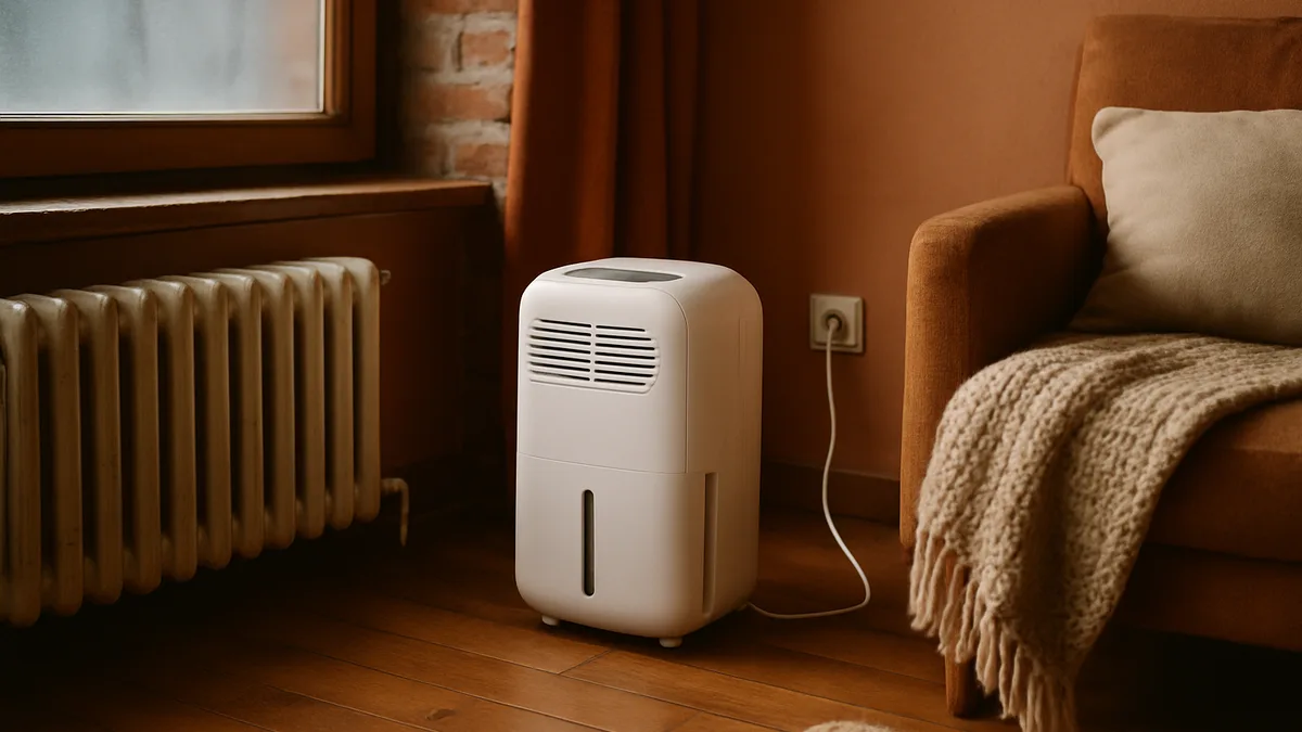 un deshumidificateur electrique en fonctionnement dans un sejour, consommation maitrisee