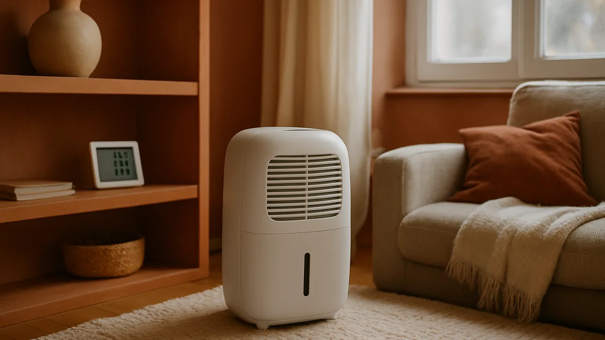 régulateur d'humidité — un petit déshumidificateur électrique blanc posé dans un salon clair et chaleureux, un hygromètre digital affichant le taux d'humidité sur une étagère en bois, tons terracotta