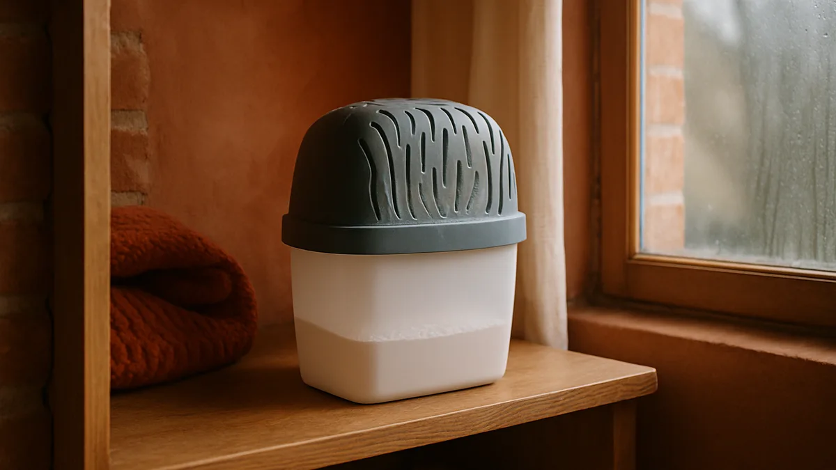 absorbeur d'humidité — un absorbeur d'humidité blanc posé sur une étagère dans une pièce claire d'une maison française, recharge de chlorure de calcium visible, tons terracotta